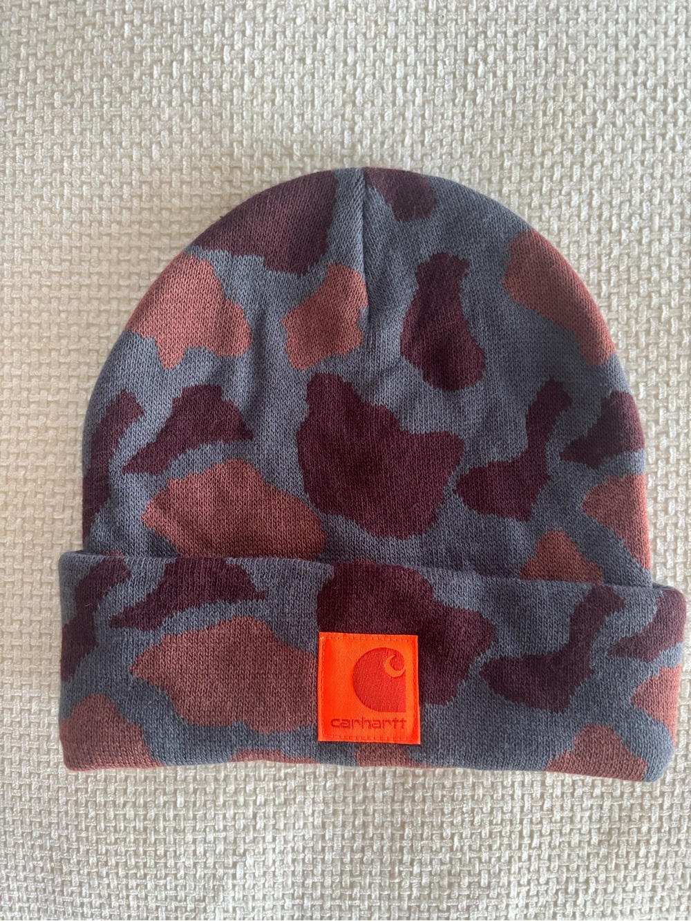 Carhartt Womens Cuffed Beanie - Gray, Burgundy & Rust Camo with Orange Patch